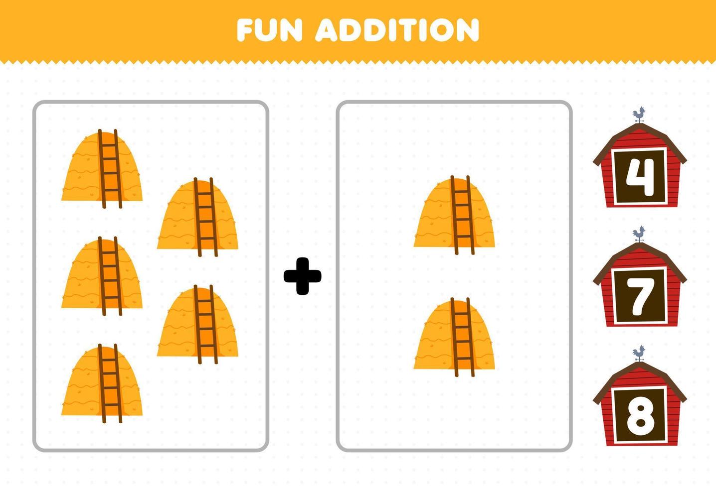 Education game for children fun addition by count and choose the correct answer of cute cartoon haystack printable farm worksheet vector