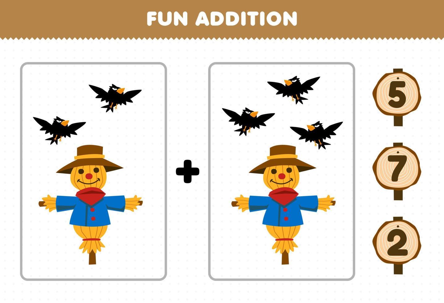 Education game for children fun addition by count and choose the correct answer of cute cartoon crow and scarecrow printable farm worksheet vector