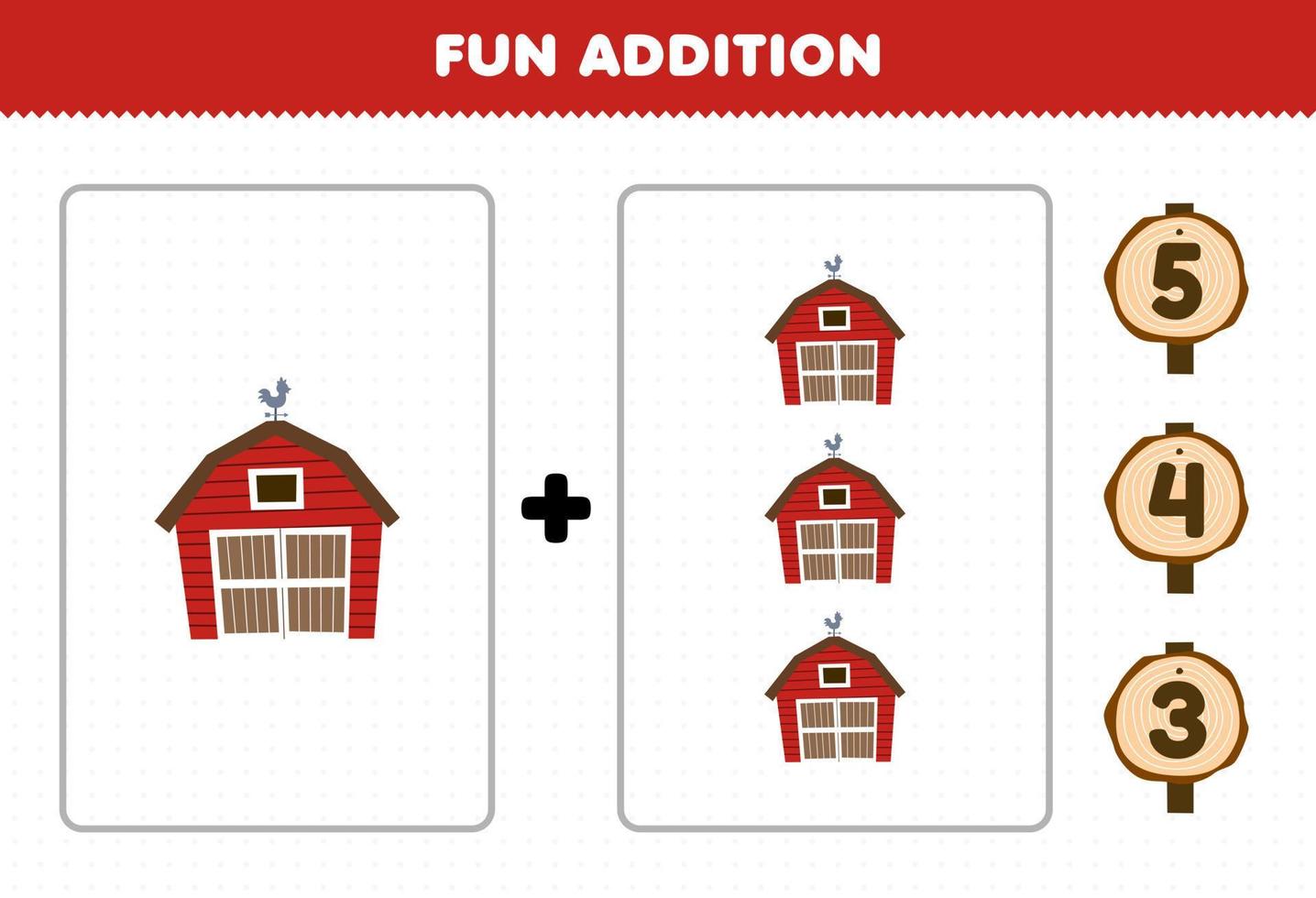 Education game for children fun addition by count and choose the correct answer of cute cartoon barn printable farm worksheet vector