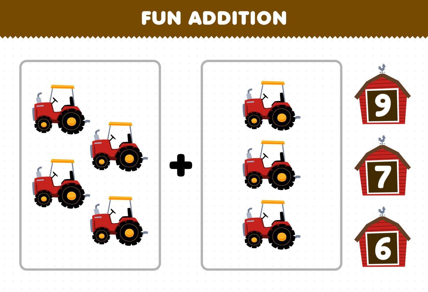 Education game for children fun addition by count and choose the correct answer of cute cartoon tractor printable farm worksheet vector