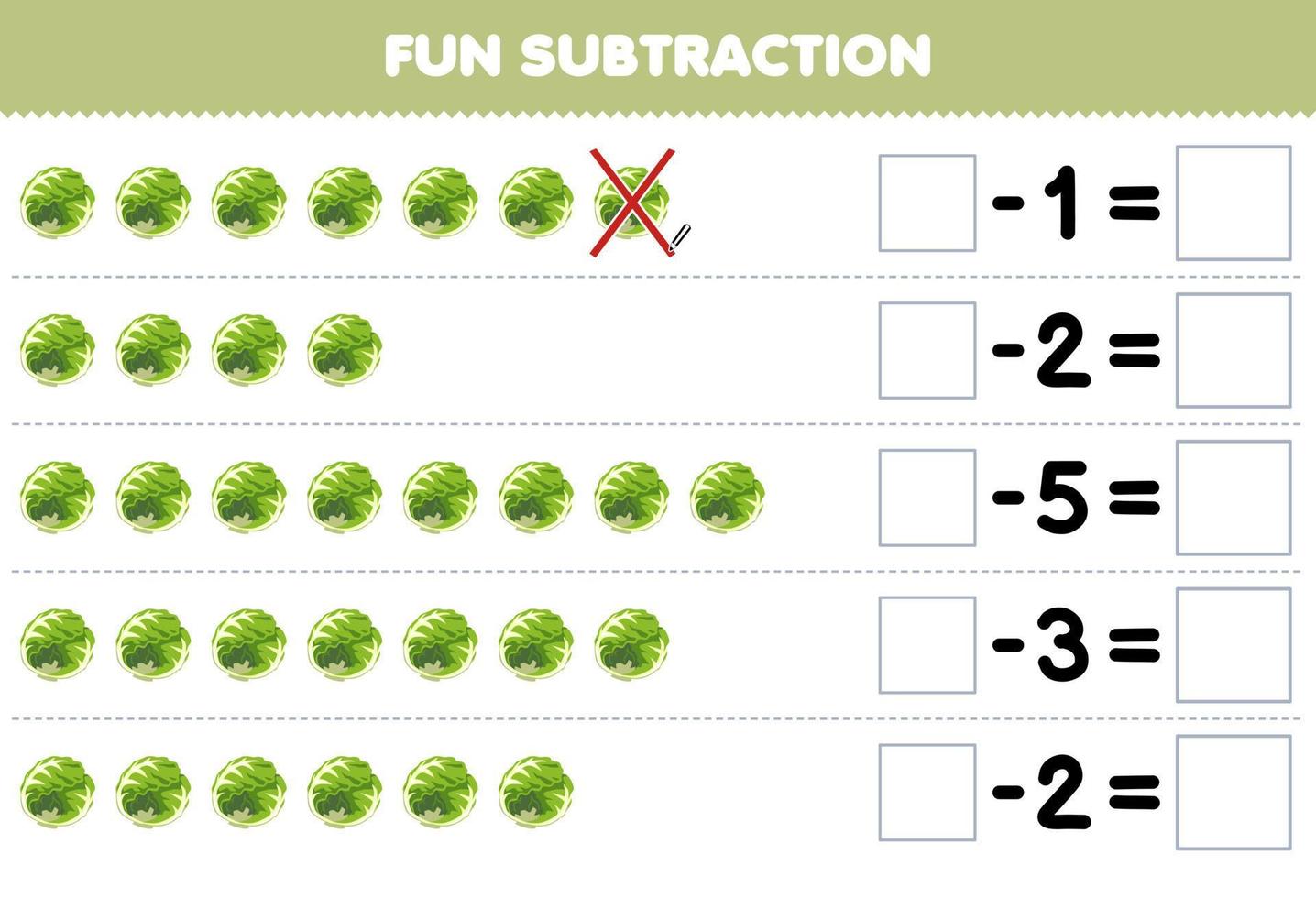 Education game for children fun subtraction by counting cartoon cabbage in each row and eliminating it printable vegetable worksheet vector