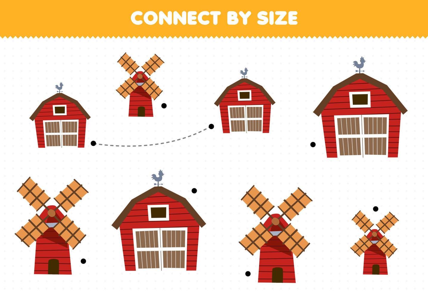 Educational game for kids connect by the size of cute cartoon barn and windmill printable farm worksheet vector