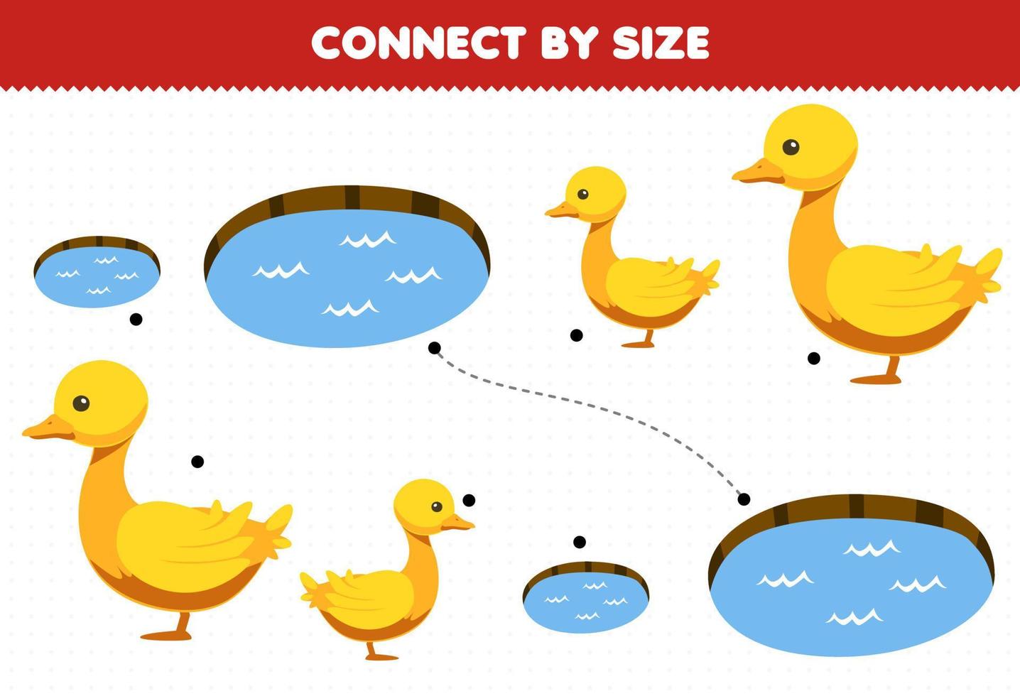 Educational game for kids connect by the size of cute cartoon duck and pond printable farm worksheet vector