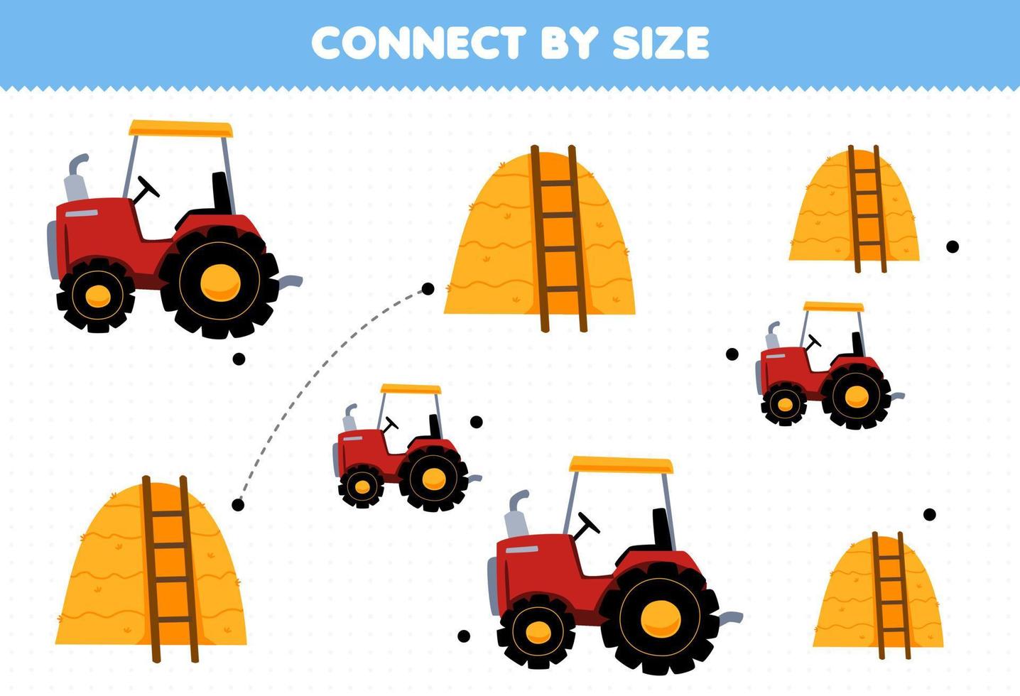 Educational game for kids connect by the size of cute cartoon tractor and haystack printable farm worksheet vector