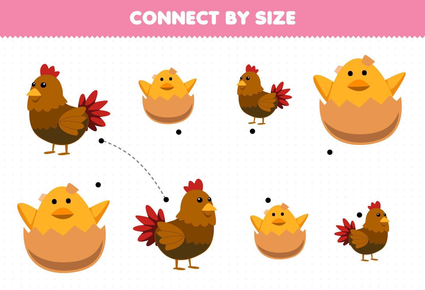 Educational game for kids connect by the size of cute cartoon chicken and chick printable farm worksheet vector