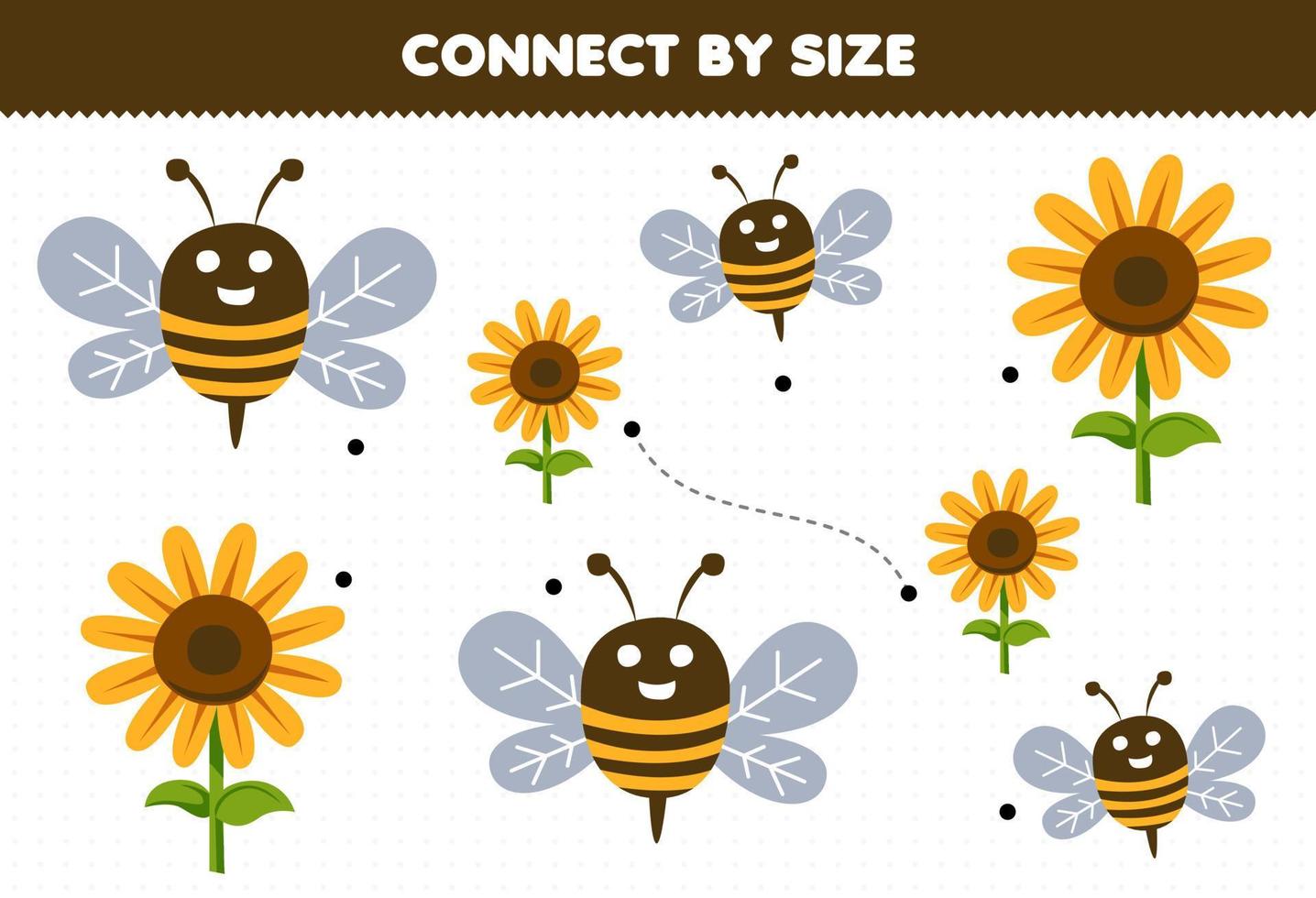 Educational game for kids connect by the size of cute cartoon bee and sunflower printable farm worksheet vector