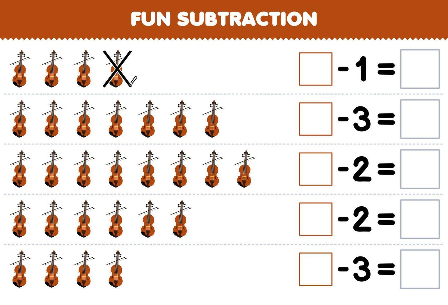 Education game for children fun subtraction by counting cartoon violin in each row and eliminating it printable music instrument worksheet vector