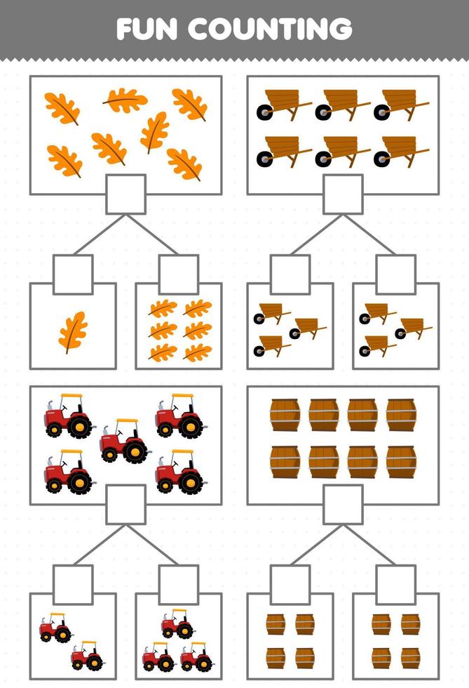 juego educativo para niños diversión contando imagen en cada caja de hoja de dibujos animados lindo carretilla tractor barril hoja de trabajo de granja imprimible vector