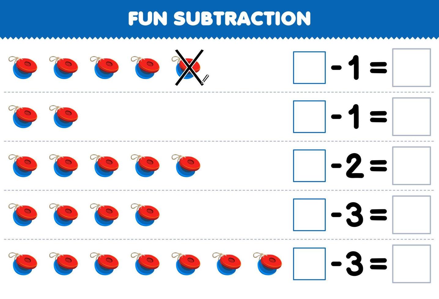 Education game for children fun subtraction by counting cartoon castanet in each row and eliminating it printable music instrument worksheet vector