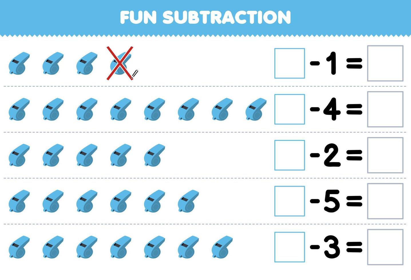 Education game for children fun subtraction by counting cartoon whistle in each row and eliminating it printable music instrument worksheet vector