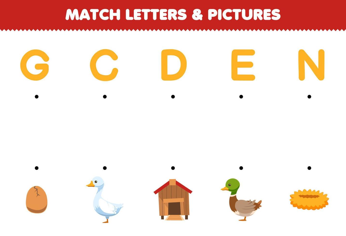 juego educativo para niños combina letras e imágenes de dibujos animados lindo huevo ganso coop pato nido hoja de trabajo de granja imprimible vector