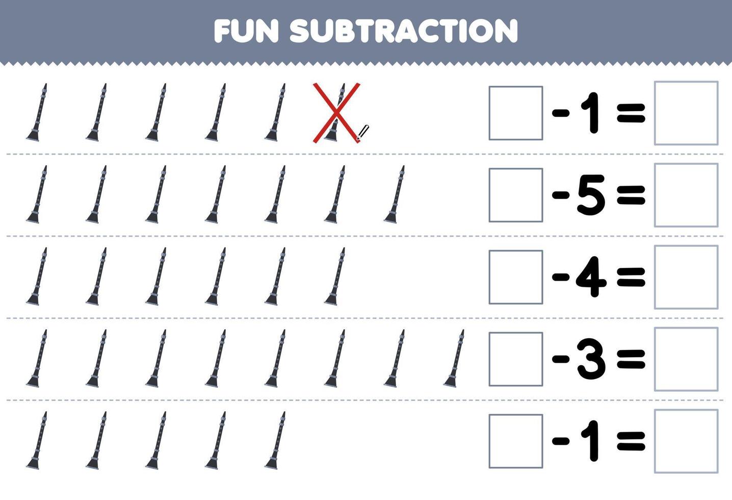 Education game for children fun subtraction by counting cartoon clarinet in each row and eliminating it printable music instrument worksheet vector