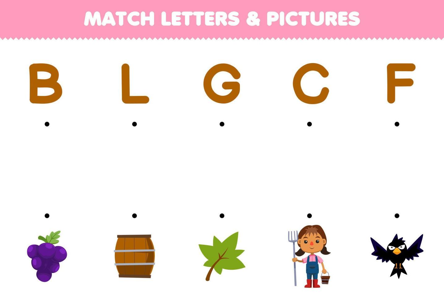 Education game for children match letters and pictures of cute cartoon grape barrel leaf farmer crow printable farm worksheet vector
