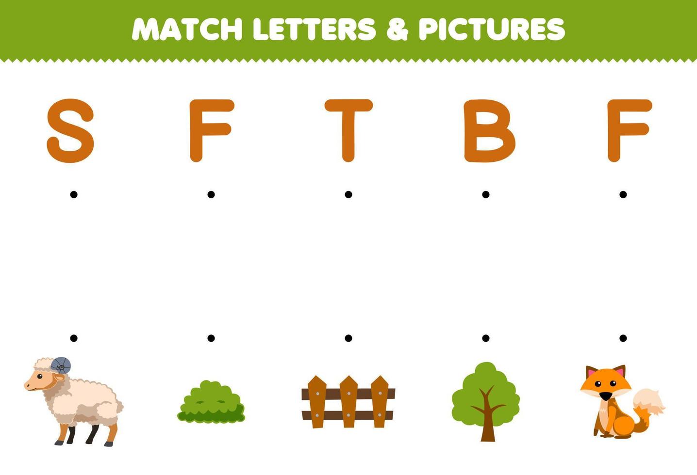 juego educativo para niños que combina letras e imágenes de dibujos animados lindos ovejas arbusto valla árbol zorro hoja de trabajo de granja imprimible vector