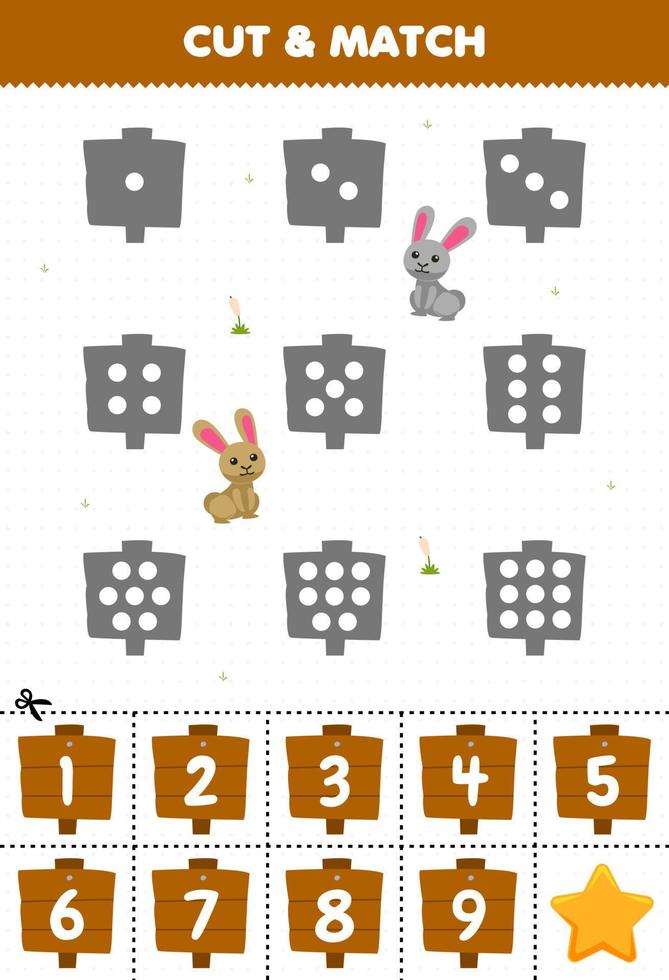 Educational game for kids count the dots on each silhouette and match them with the correct numbered wooden sign printable farm worksheet vector