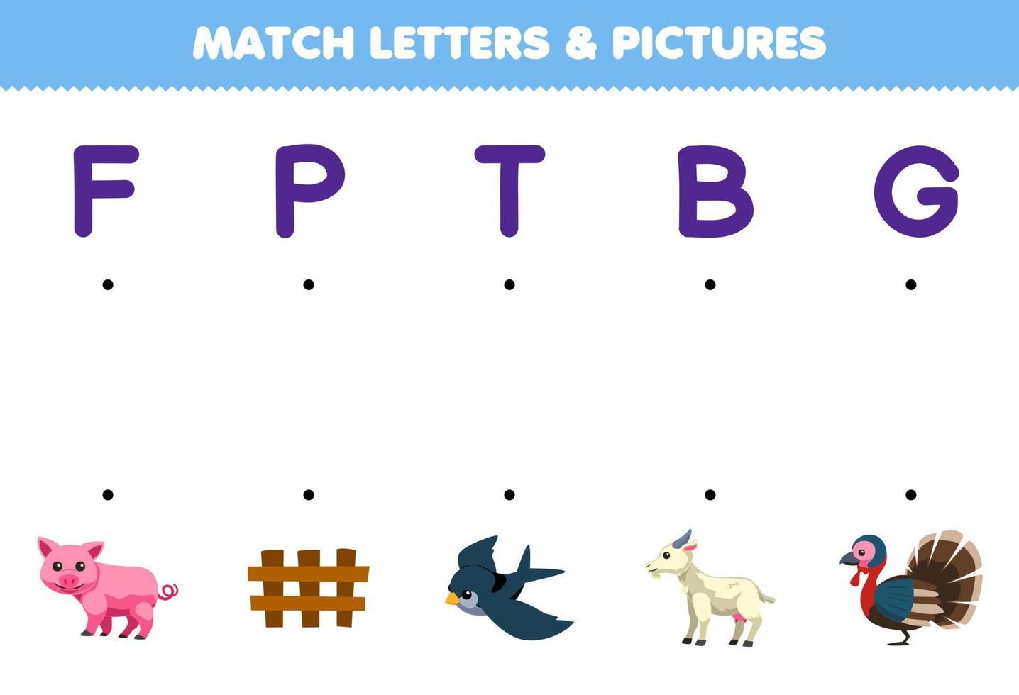 Education game for children match letters and pictures of cute cartoon pig fence bird goat turkey printable farm worksheet vector