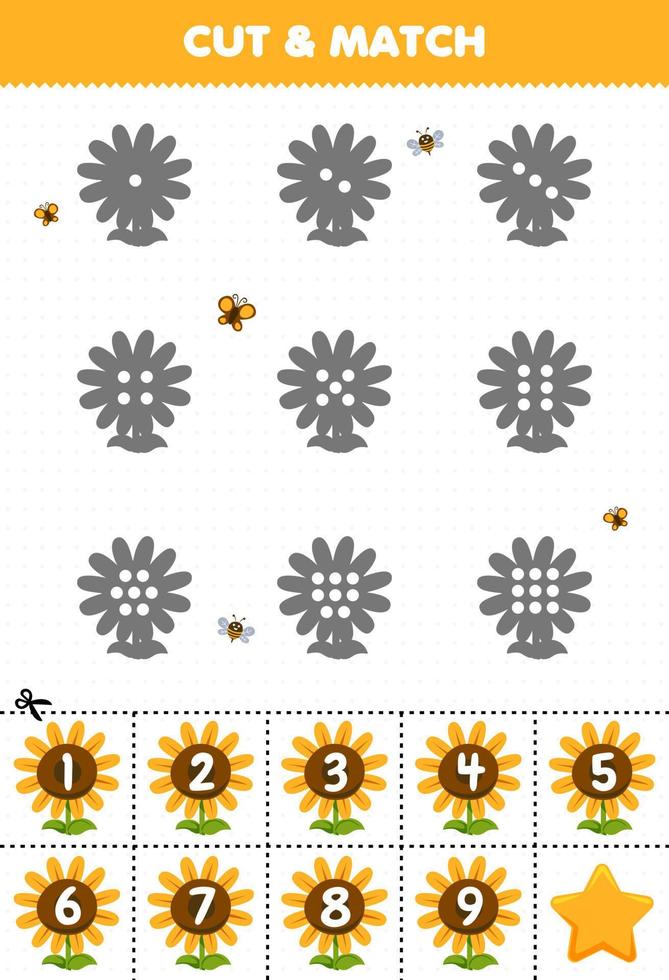 Educational game for kids count the dots on each silhouette and match them with the correct numbered sunflower printable farm worksheet vector