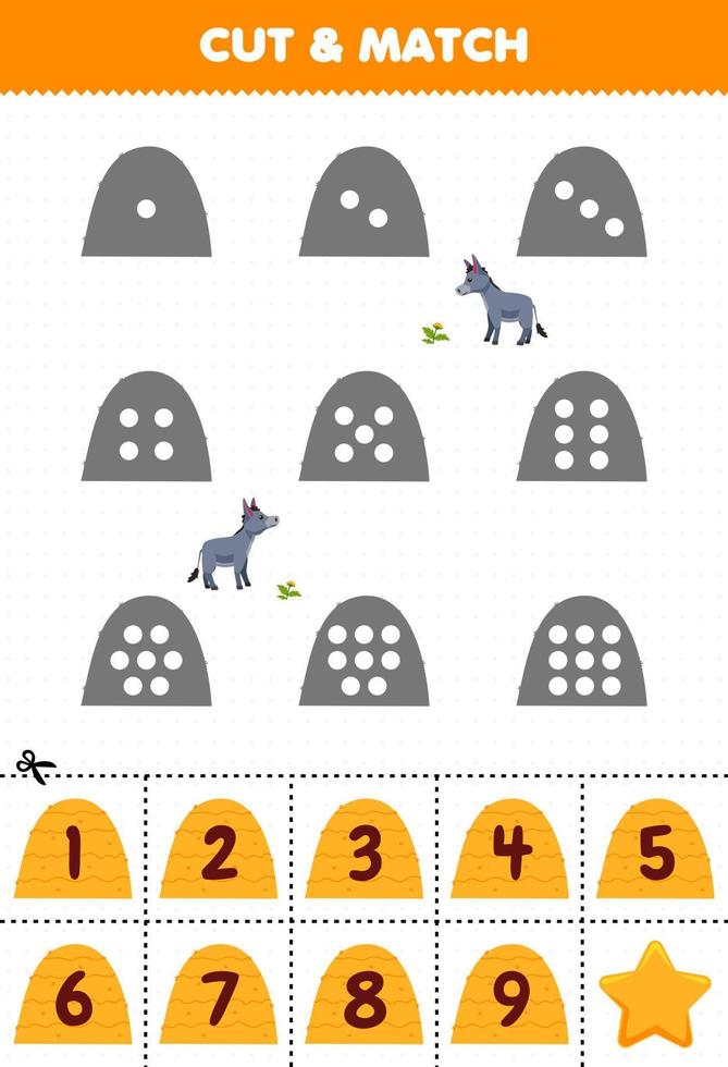 Educational game for kids count the dots on each silhouette and match them with the correct numbered haystack printable farm worksheet vector
