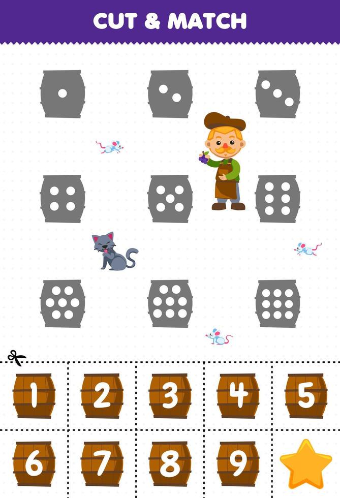 Educational game for kids count the dots on each silhouette and match them with the correct numbered barrel printable farm worksheet vector