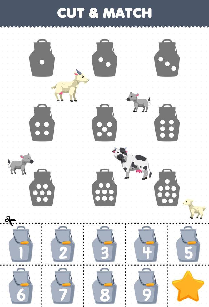 Educational game for kids count the dots on each silhouette and match them with the correct numbered milk container printable farm worksheet vector