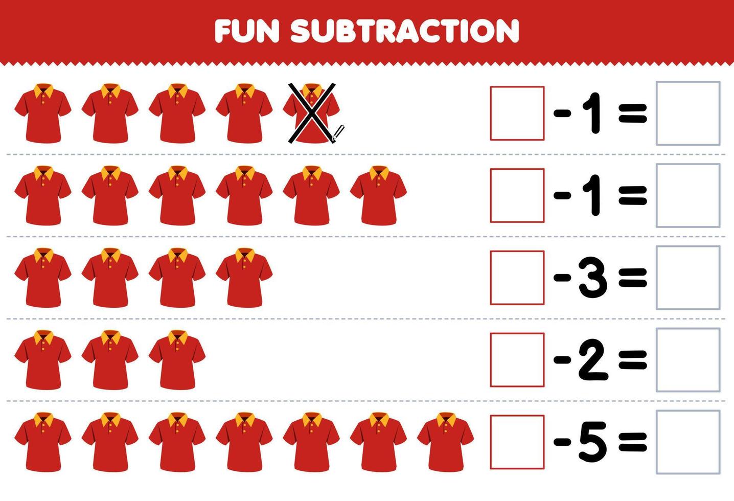 juego educativo para niños resta divertida contando el polo rojo de dibujos animados en cada fila y eliminándolo hoja de trabajo de ropa portátil imprimible vector