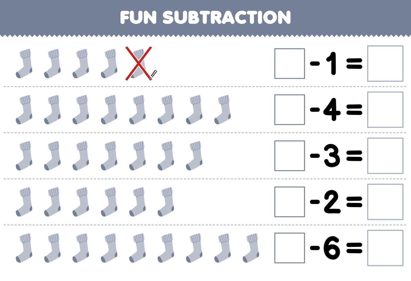 Education game for children fun subtraction by counting cartoon white sock in each row and eliminating it printable wearable clothes worksheet vector