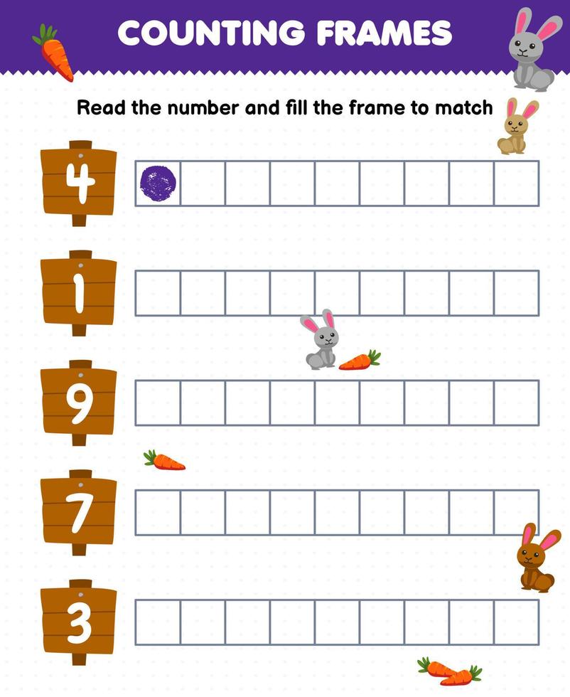 Educational game for kids read the number and fill the frames of cute cartoon wooden sign printable farm worksheet vector