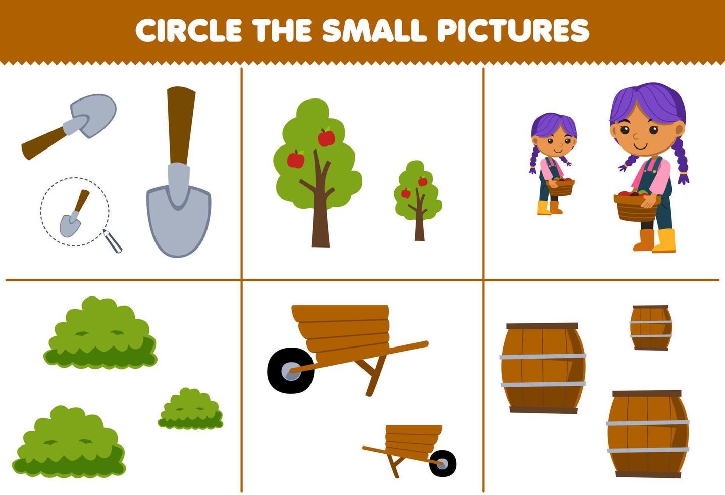 juego educativo para niños encierra en un círculo la imagen pequeña de dibujos animados lindos pala árbol agricultor niña arbusto carretilla barril de madera hoja de trabajo de granja imprimible vector