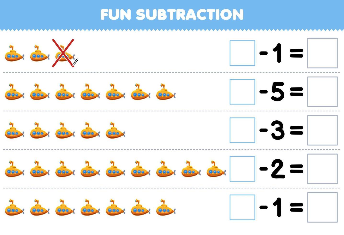 Education game for children fun subtraction by counting cartoon yellow submarine in each row and eliminating it printable transportation worksheet vector