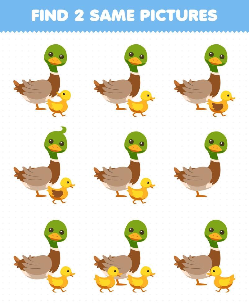 Education game for children find two same pictures of cute cartoon duck and duckling printable farm worksheet vector