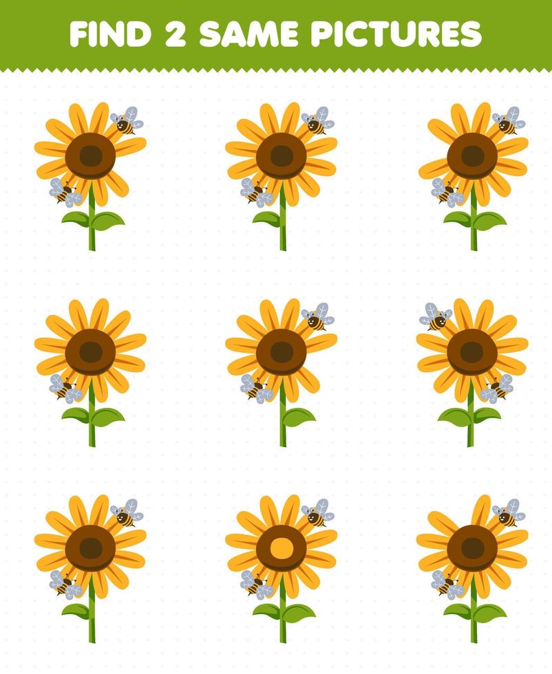 Education game for children find two same pictures of cute cartoon sunflower with bee printable farm worksheet vector