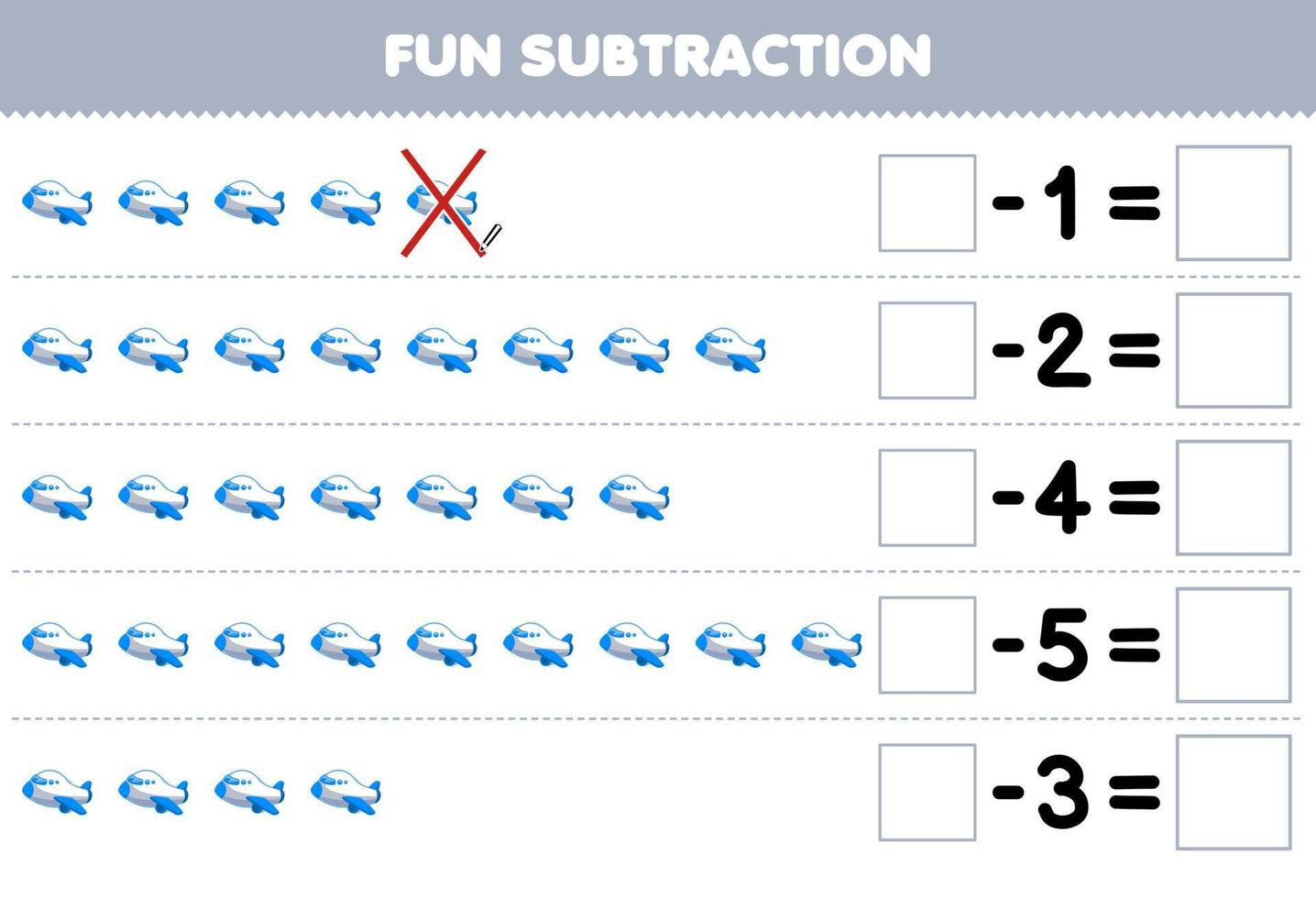 Education game for children fun subtraction by counting cartoon white plane in each row and eliminating it printable transportation worksheet vector