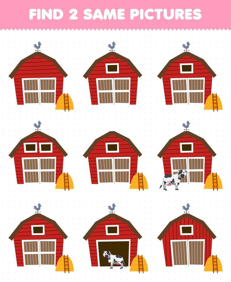 Education game for children find two same pictures of cute cartoon barn printable farm worksheet vector