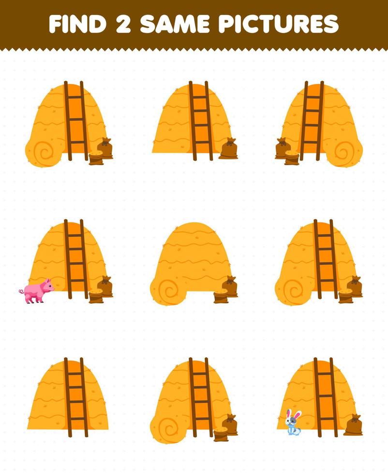 Education game for children find two same pictures of cute cartoon haystack printable farm worksheet vector