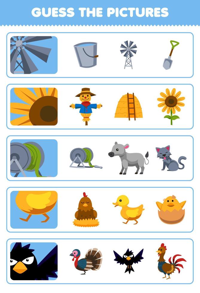 Education game for children guess the correct pictures of cute cartoon windmill sunflower hose duck crow printable farm worksheet vector