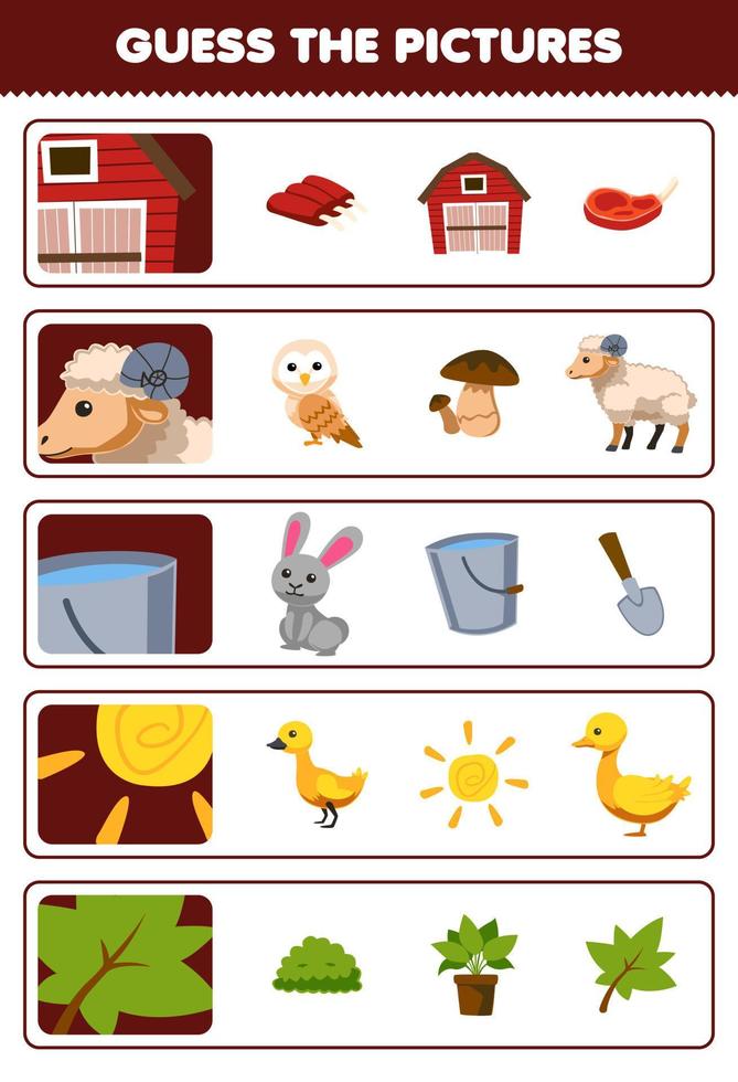 Education game for children guess the correct pictures of cute cartoon barn sheep bucket sun leaf printable farm worksheet vector