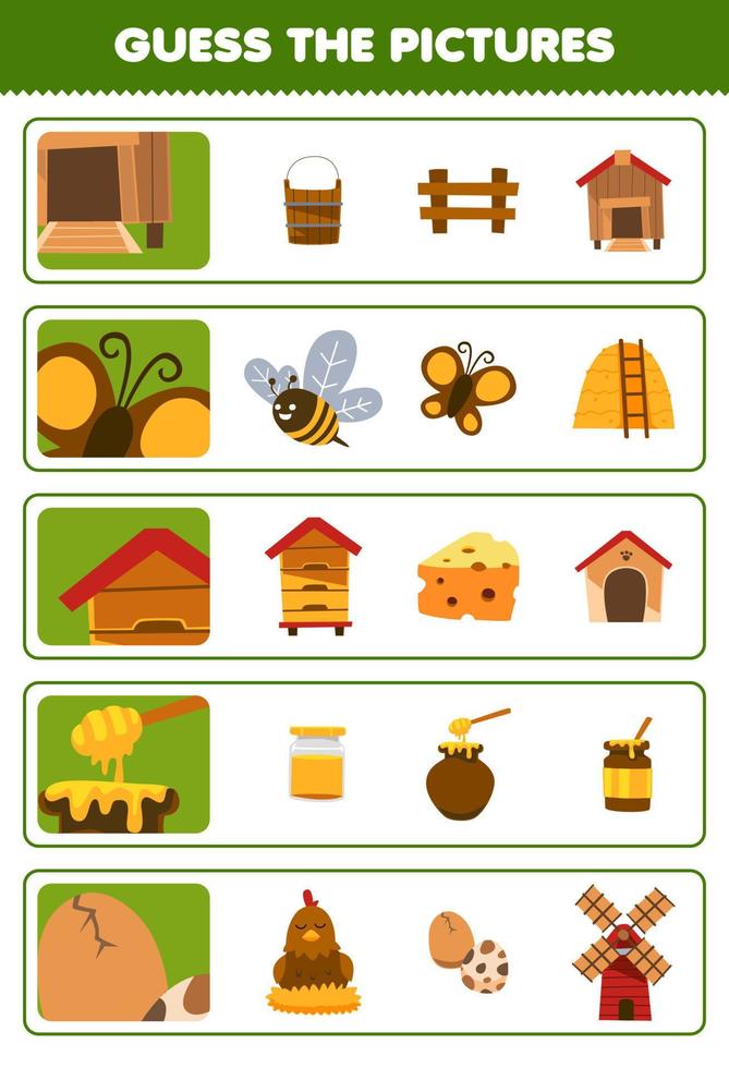 juego educativo para niños adivinar las imágenes correctas de dibujos animados lindo coop mariposa colmena huevo de miel hoja de trabajo de granja imprimible vector