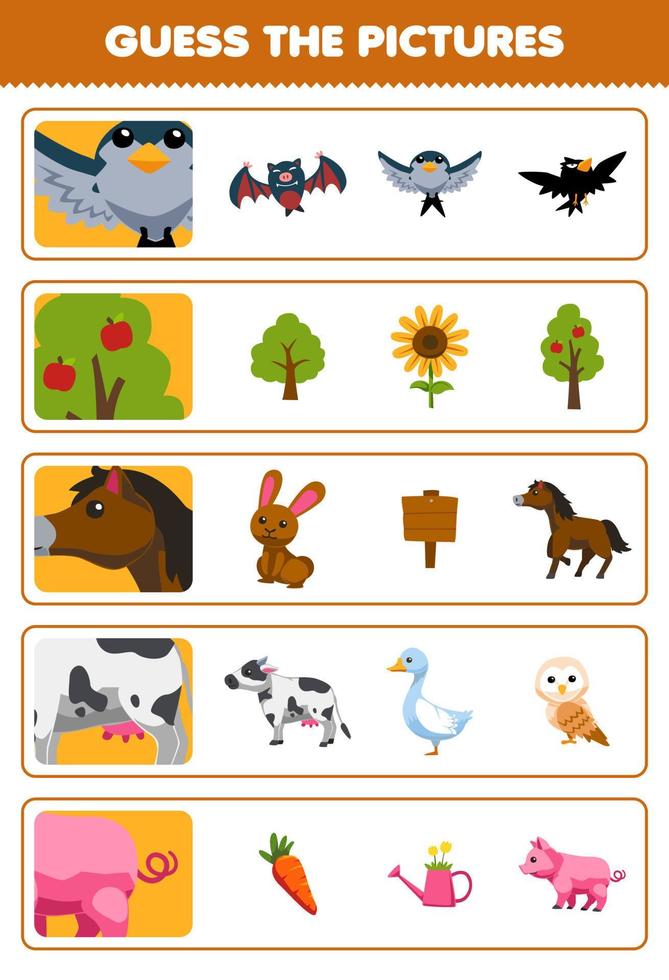 Education game for children guess the correct pictures of cute cartoon bird tree horse cow pig printable farm worksheet vector