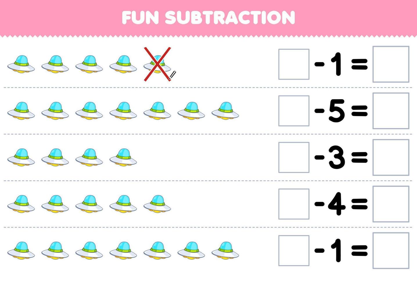 Education game for children fun subtraction by counting cute cartoon ufo in each row and eliminating it printable solar system worksheet vector