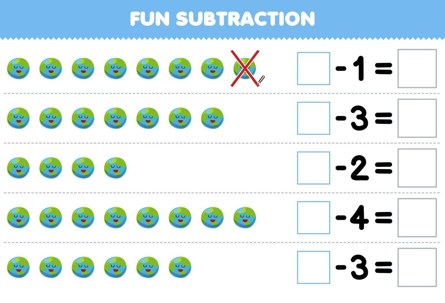 Education game for children fun subtraction by counting cute cartoon earth planet in each row and eliminating it printable solar system worksheet vector