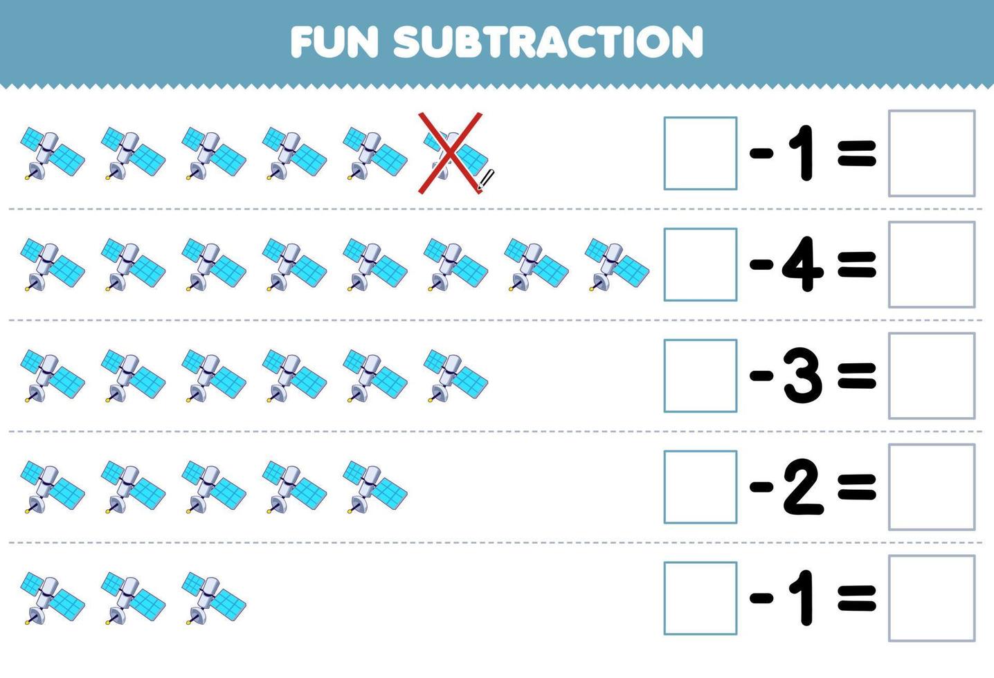 Education game for children fun subtraction by counting cute cartoon satellite in each row and eliminating it printable solar system worksheet vector