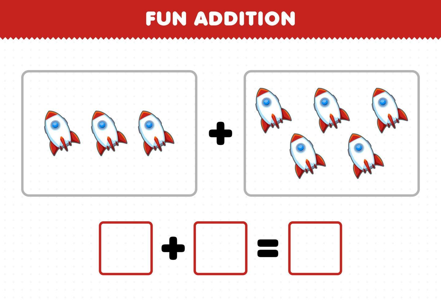 Education game for children fun addition by counting cute cartoon rocket pictures printable solar system worksheet vector