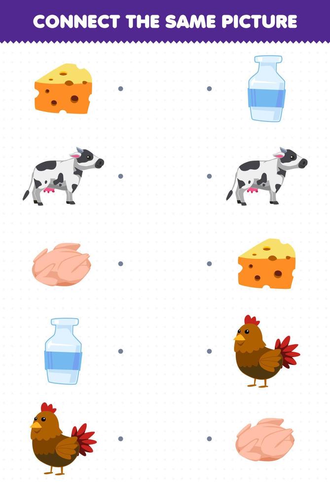 Education game for children connect the same picture of cute cartoon cheese cow meat milk chicken printable farm worksheet vector