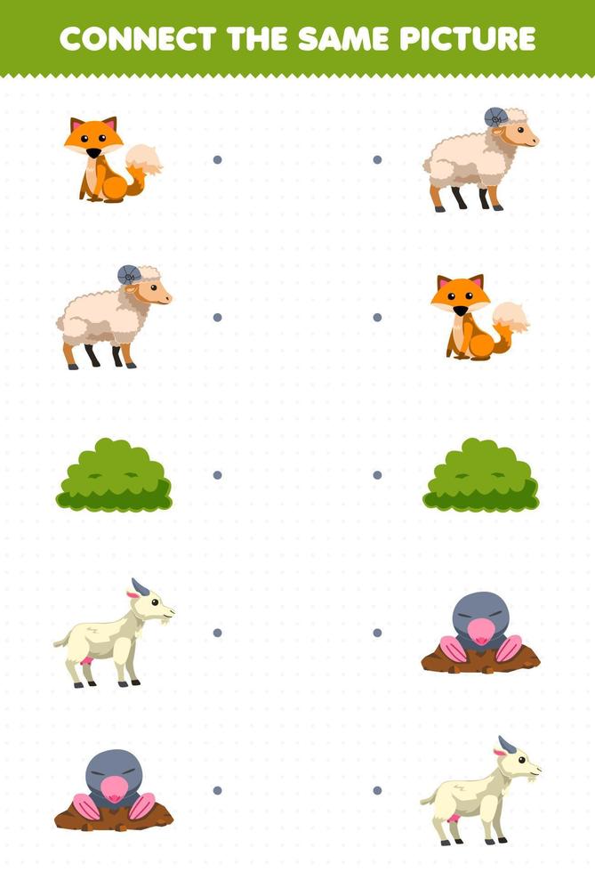 Education game for children connect the same picture of cute cartoon fox sheep bush goat mole printable farm worksheet vector