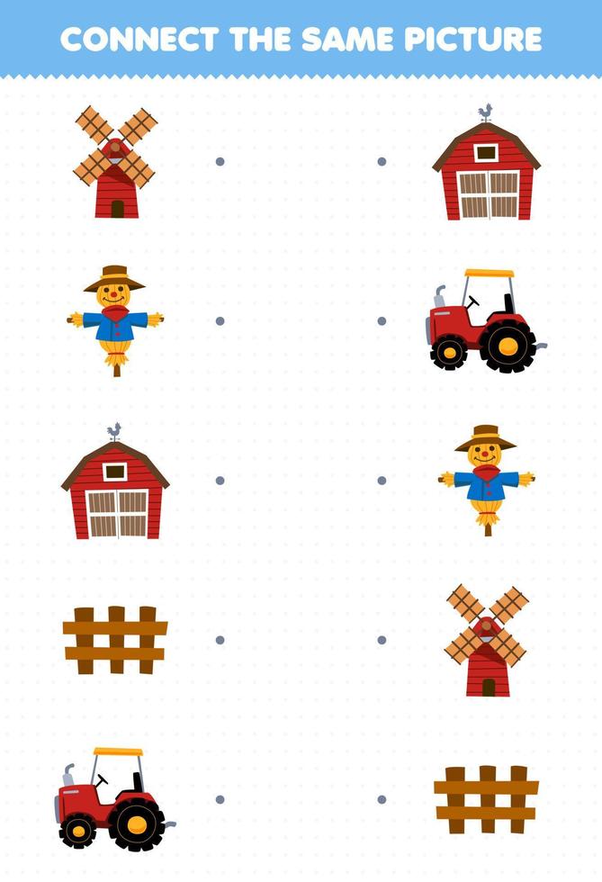 juego educativo para niños conecta la misma imagen de un lindo molino de viento de dibujos animados espantapájaros valla de granero tractor hoja de trabajo de granja imprimible vector