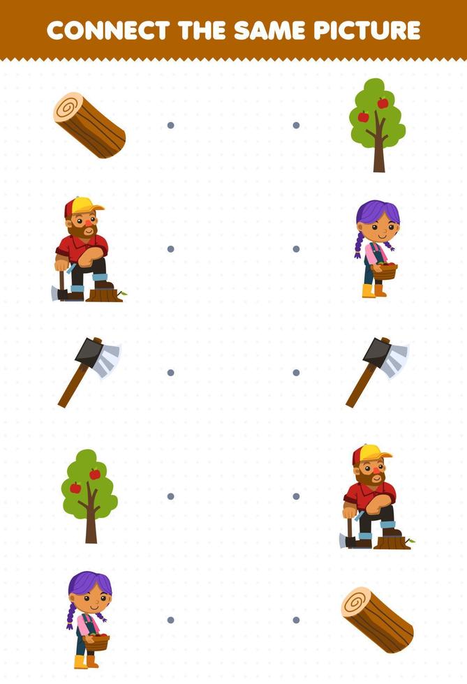 Education game for children connect the same picture of cute cartoon wood log woodcutter ax tree farmer printable farm worksheet vector