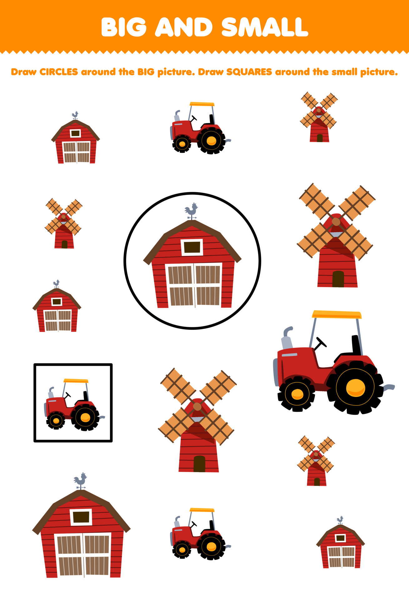 Education game for children arrange by size big or small by drawing circle  and square of cute cartoon barn windmill tractor printable farm worksheet  12595811 Vector Art at Vecteezy
