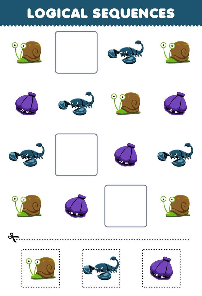 juego educativo para niños secuencias lógicas para niños con lindos dibujos animados caracol escorpión almeja imagen imprimible hoja de trabajo de animales de concha vector