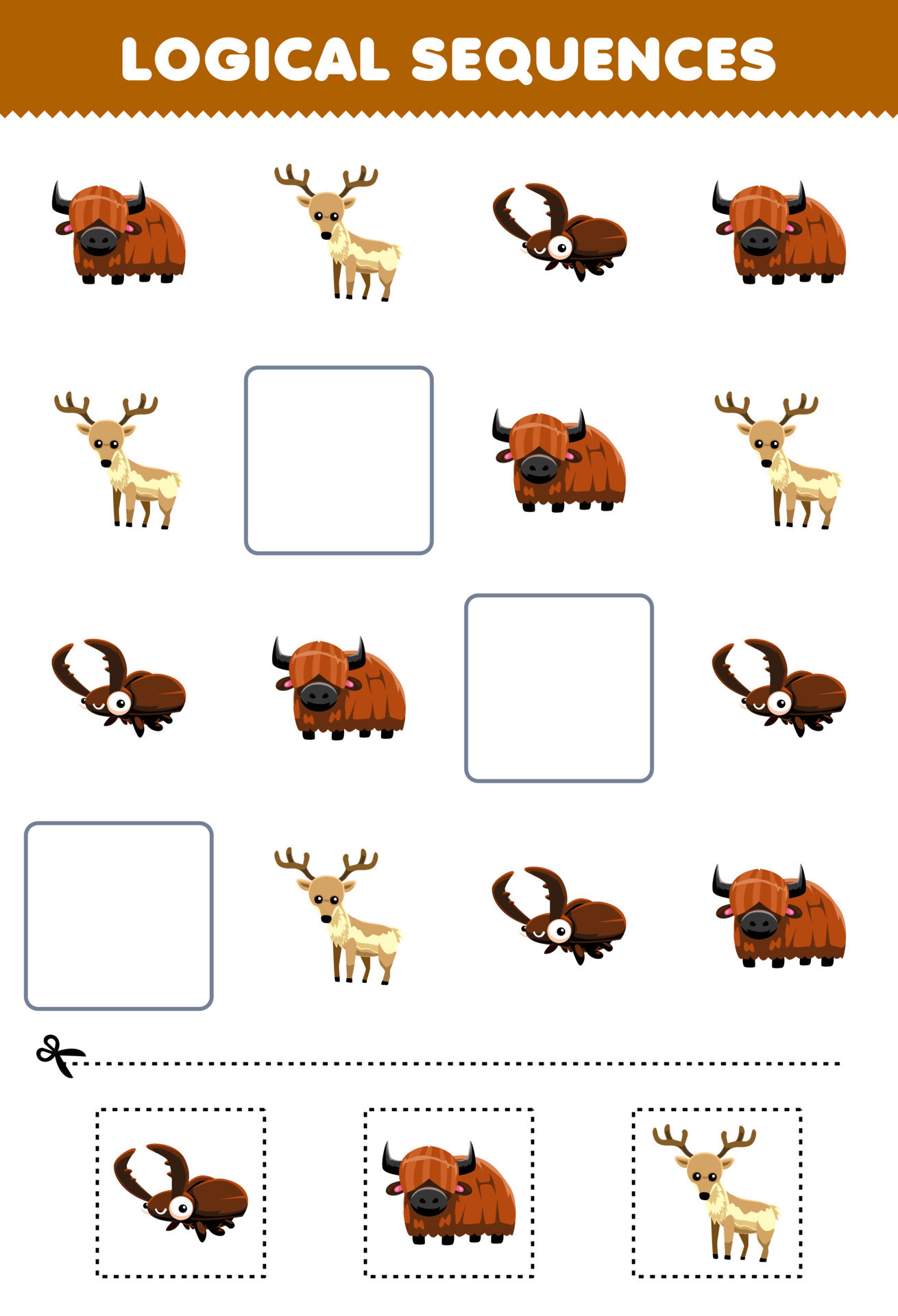 Education game for children logical sequences for kids with cute cartoon yak reindeer deer beetle picture printable horn animal worksheet 12595818 Vector Art at Vecteezy Education game for children logical sequences for kids with cute cartoon yak reindeer deer beetle picture printable horn animal worksheet 12595818 Vector Art at Vecteezy
