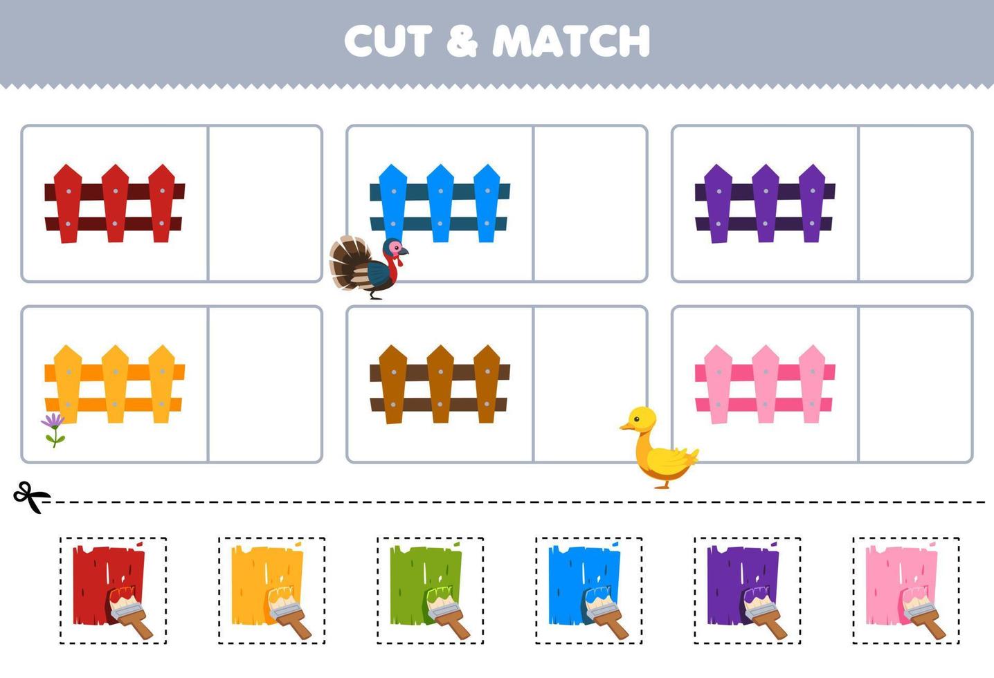 Education game for children cut and match the same color of cute cartoon fence printable farm worksheet vector